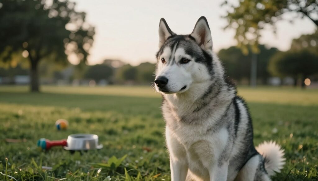 A beautiful Siberian Husky sitting in a lush green park, looking distressed and restless. The foreground showcases the Husky's expressive eyes and fluffy fur, with subtle signs of anxiety, such as pacing or a tilted head. In the middle ground, a few scattered toys and an overturned water bowl hint at behavioral issues due to lack of stimulation. The background features tree shadows and a wide sky to emphasize a sense of isolation and unease. The lighting is soft, creating a gentle yet melancholic atmosphere during the golden hour, with warm sunlight filtering through the leaves. The angle is slightly lower, capturing the dog's perspective, evoking empathy and concern for its well-being. The overall mood conveys the emotional struggles of the Husky, reflecting the importance of proper care and behavioral management.