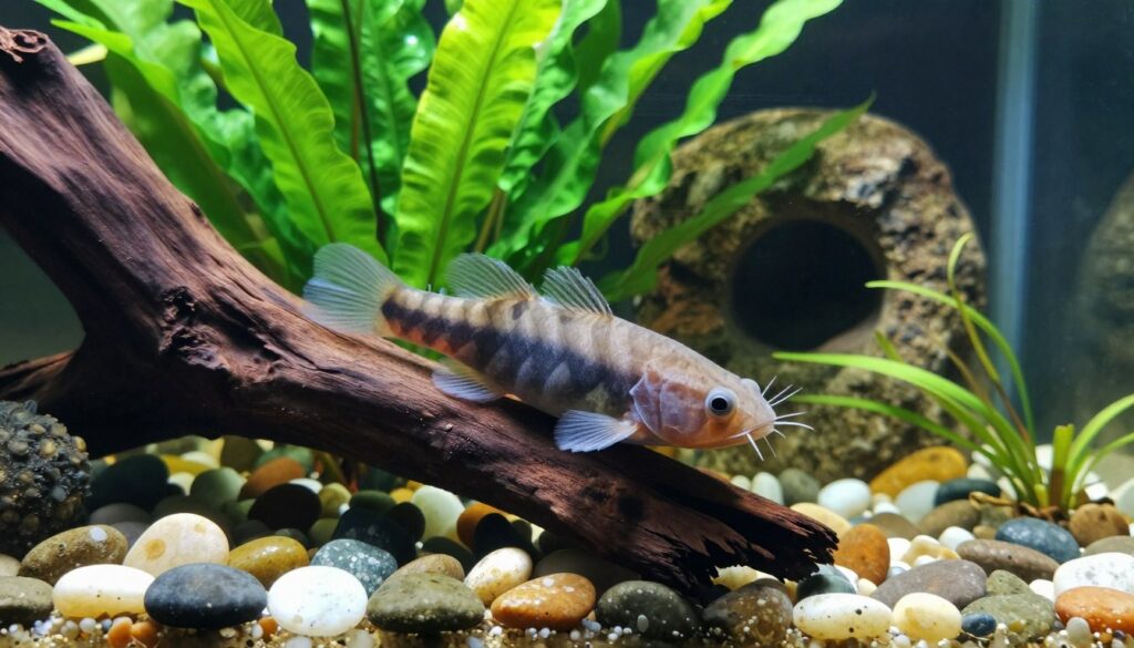 A beautifully designed aquarium showcasing a healthy and vibrant environment for a bristlenose pleco. In the foreground, place a bristlenose pleco resting on a large piece of driftwood, its distinctive bristled nose clearly visible. Surround it with lush green plants like java fern and anubias, adding texture and color to the scene. In the middle ground, include colorful pebbles and a gentle current flowing through the tank, enhancing the realistic underwater feel. The background features a soft-focus view of aquarium decorations, such as caves and stones, creating depth. Illuminate the scene with soft, natural lighting to evoke a tranquil atmosphere, simulating sunlight filtering through the water. Capture the image at a slight angle to emphasize the pleco and the intricate details of the aquarium setting.