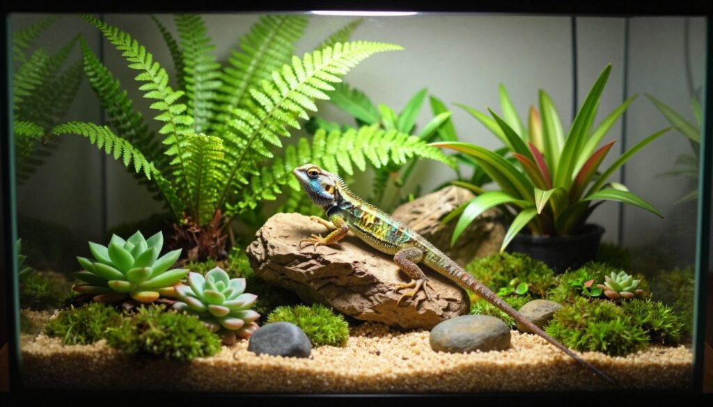 A beautifully designed terrarium capturing an ideal habitat for a lizard, placed prominently in the foreground. The terrarium features lush greenery with various plants, including ferns and small succulents, offering a natural feel. In the middle, a small, vibrant lizard perches on a rock, its colors shimmering under soft, warm lighting from a nearby lamp, highlighting its scales. The background shows the terrarium's well-structured layers, including sand and stones, with small patches of moss. The atmosphere is serene and inviting, conveying a sense of tranquility and harmony. The entire scene is captured with a slight depth-of-field effect to focus on the terrarium, while a soft, blurred background enhances the natural beauty of the setting. A beautifully designed terrarium capturing an ideal habitat for a lizard, placed prominently in the foreground. The terrarium features lush greenery with various plants, including ferns and small succulents, offering a natural feel. In the middle, a small, vibrant lizard perches on a rock, its colors shimmering under soft, warm lighting from a nearby lamp, highlighting its scales. The background shows the terrarium's well-structured layers, including sand and stones, with small patches of moss. The atmosphere is serene and inviting, conveying a sense of tranquility and harmony. The entire scene is captured with a slight depth-of-field effect to focus on the terrarium, while a soft, blurred background enhances the natural beauty of the setting.