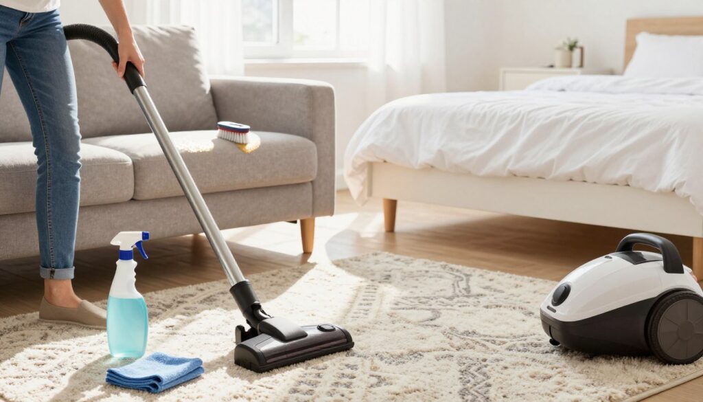 A bright and clean living room setting showcasing effective cleaning techniques for various surfaces. In the foreground, a person in casual attire is using a vacuum cleaner on a plush, patterned carpet, while a handheld spray bottle and cloth are nearby. In the middle, a stylish sofa is being spot-cleaned with a small brush, revealing clean fabric and sunlight glinting off its surface. A neatly arranged bed with fresh white sheets and a soft comforter is visible in the background, emphasizing cleanliness. Soft, warm natural lighting streams through a window, creating an inviting atmosphere. The overall mood conveys order, cleanliness, and professionalism in household maintenance. A bright and clean living room setting showcasing effective cleaning techniques for various surfaces. In the foreground, a person in casual attire is using a vacuum cleaner on a plush, patterned carpet, while a handheld spray bottle and cloth are nearby. In the middle, a stylish sofa is being spot-cleaned with a small brush, revealing clean fabric and sunlight glinting off its surface. A neatly arranged bed with fresh white sheets and a soft comforter is visible in the background, emphasizing cleanliness. Soft, warm natural lighting streams through a window, creating an inviting atmosphere. The overall mood conveys order, cleanliness, and professionalism in household maintenance.