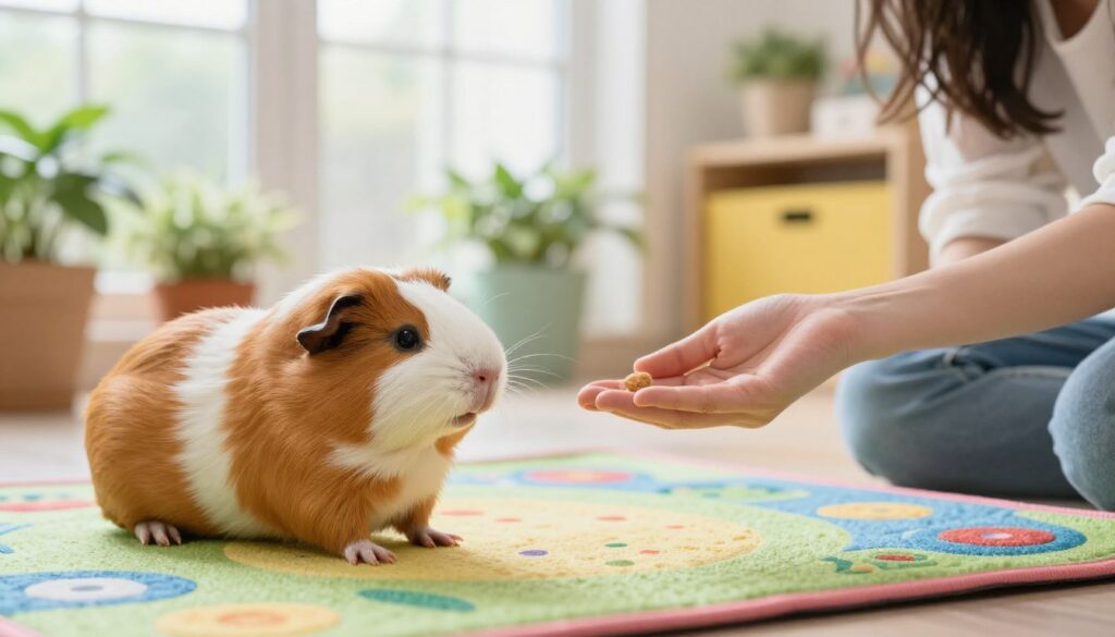 A bright and inviting indoor setting, showcasing a playful guinea pig learning to respond to its name. In the foreground, a cute guinea pig is sitting on a colorful play mat, with a trainer gently calling its name, demonstrating a positive interaction. In the middle ground, a treat in the trainer's hand captures the guinea pig's attention, indicating reward-based learning. The background features cheerful decorations, like potted plants and soft, natural light filtering through a window, creating an inviting and warm atmosphere. The image has a soft focus with bright, vivid colors to evoke a sense of joy and curiosity, emphasizing the bond between human and pet in a calm, educational moment.