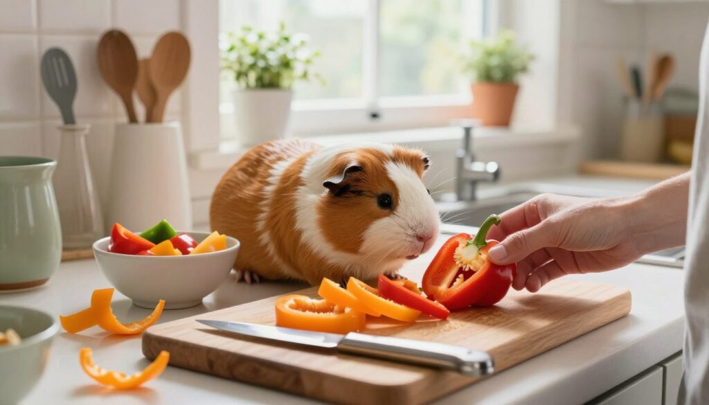 A bright, inviting kitchen scene featuring a person carefully preparing vibrant bell peppers for a guinea pig. In the foreground, we see a wooden cutting board with sliced orange and red bell peppers, with a pair of small kitchen knives and peels scattered around. The middle ground showcases a cheerful guinea pig, curiously sniffing the fresh vegetables, while a small bowl holds additional colorful pepper pieces. The background features a well-lit kitchen with natural light streaming through a window, plants on the windowsill, and kitchen utensils neatly arranged. The atmosphere is warm and cozy, emphasizing care and attention to the pet's dietary needs. The composition is captured with a soft focus to create a homey, nurturing mood. A bright, inviting kitchen scene featuring a person carefully preparing vibrant bell peppers for a guinea pig. In the foreground, we see a wooden cutting board with sliced orange and red bell peppers, with a pair of small kitchen knives and peels scattered around. The middle ground showcases a cheerful guinea pig, curiously sniffing the fresh vegetables, while a small bowl holds additional colorful pepper pieces. The background features a well-lit kitchen with natural light streaming through a window, plants on the windowsill, and kitchen utensils neatly arranged. The atmosphere is warm and cozy, emphasizing care and attention to the pet's dietary needs. The composition is captured with a soft focus to create a homey, nurturing mood.