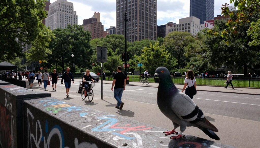 A bustling urban scene depicting a city environment that impacts the life of pigeons. In the foreground, a pigeon is perched on a graffiti-covered ledge, looking alert and slightly wary. In the middle ground, various city elements such as busy sidewalks filled with pedestrians, cyclists, and a park with trees offer a stark contrast of nature to the urban setting. High-rise buildings loom in the background under a partially cloudy sky, with soft sunlight filtering through, casting dynamic shadows. The atmosphere reflects both the vibrancy and harshness of city life, hinting at both hazards and opportunities for survival. Use a wide-angle lens perspective to capture the urban expanse, enhancing the pigeon’s lookout point. A bustling urban scene depicting a city environment that impacts the life of pigeons. In the foreground, a pigeon is perched on a graffiti-covered ledge, looking alert and slightly wary. In the middle ground, various city elements such as busy sidewalks filled with pedestrians, cyclists, and a park with trees offer a stark contrast of nature to the urban setting. High-rise buildings loom in the background under a partially cloudy sky, with soft sunlight filtering through, casting dynamic shadows. The atmosphere reflects both the vibrancy and harshness of city life, hinting at both hazards and opportunities for survival. Use a wide-angle lens perspective to capture the urban expanse, enhancing the pigeon’s lookout point.