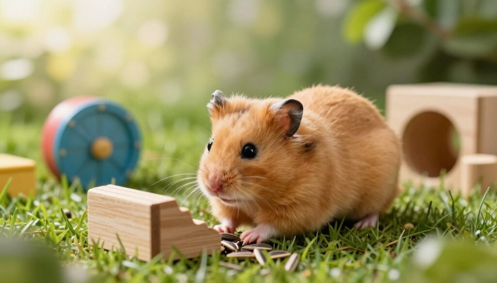 A charming Syrian hamster positioned in a lush green habitat, showcasing its distinctive golden-brown fur and fluffy texture. In the foreground, the hamster is curiously exploring a small wooden structure with a few scattered sunflower seeds. The middle ground features vibrant green grass and some playful toys, like a tiny wheel and tunnels. The background reveals a soft-focus natural setting with gentle morning light filtering through the leaves, creating a warm and inviting atmosphere. The scene captures the essence of a Syrian hamster's environment, emphasizing its playful nature and unique needs compared to dwarf hamsters. The composition is shot from a low angle to highlight the hamster's perspective, adding depth and intrigue to the image. A charming Syrian hamster positioned in a lush green habitat, showcasing its distinctive golden-brown fur and fluffy texture. In the foreground, the hamster is curiously exploring a small wooden structure with a few scattered sunflower seeds. The middle ground features vibrant green grass and some playful toys, like a tiny wheel and tunnels. The background reveals a soft-focus natural setting with gentle morning light filtering through the leaves, creating a warm and inviting atmosphere. The scene captures the essence of a Syrian hamster's environment, emphasizing its playful nature and unique needs compared to dwarf hamsters. The composition is shot from a low angle to highlight the hamster's perspective, adding depth and intrigue to the image.