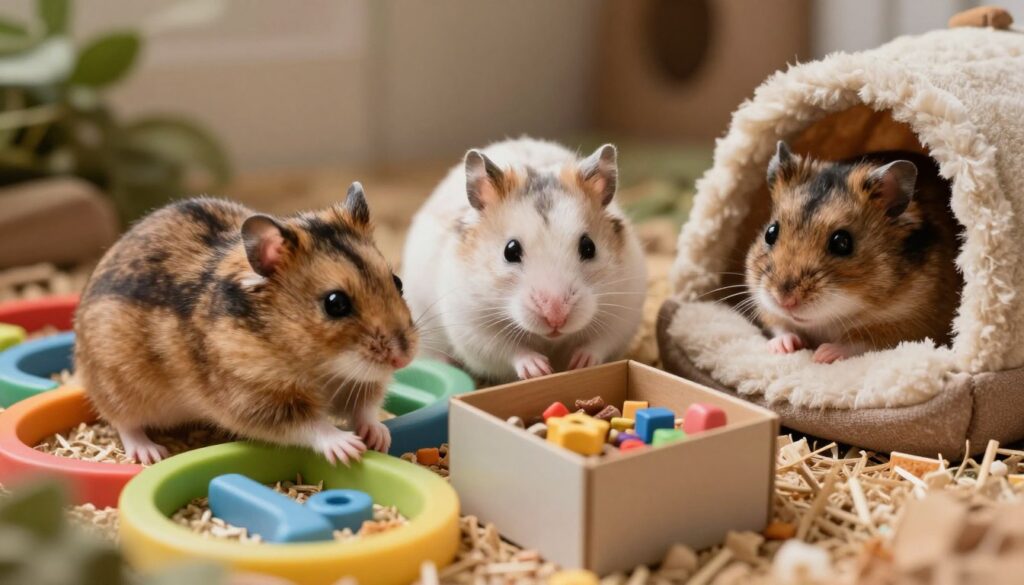 A charming scene featuring three different hamsters, each representing distinct personalities: an agile, playful hamster with sleek fur, energetically exploring a colorful maze; a curious hamster with fluffy, light-colored fur poking its nose into a small, open box filled with tiny toys and treats; and a shy, timid hamster with darker, patterned fur nestled comfortably in a cozy bed of soft bedding, peeking out cautiously. The foreground showcases playful interactions among the hamsters, while the middle ground highlights the toys and maze, set against a serene, natural habitat. Soft, warm lighting illuminates the scene, creating a cozy atmosphere, with a slight blur in the background to emphasize the hamsters and their unique characters.