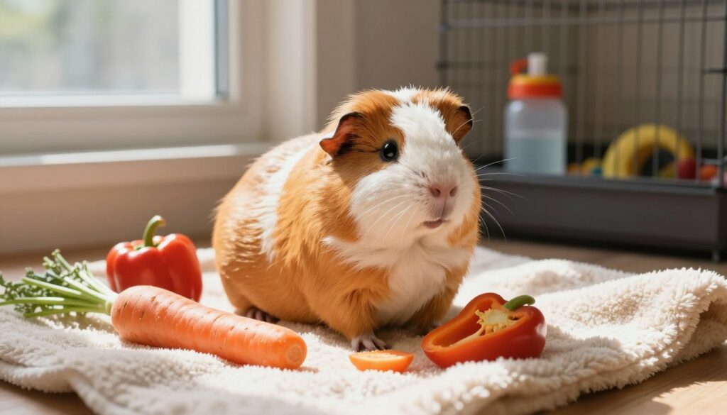 A chubby guinea pig sitting comfortably on a soft, plush blanket in a cozy indoor environment. The guinea pig has a round belly, fluffy fur, and a curious expression, surrounded by a few healthy snacks like carrots and bell peppers. The setting features a well-lit room with warm, natural light streaming in through a nearby window, casting gentle shadows. In the background, there is a small pet cage with a colorful water bottle and chew toys visible, creating a sense of home and care. The atmosphere is warm and inviting, emphasizing the importance of proper care and diet for guinea pigs, while highlighting the issue of weight management in a loving way. A chubby guinea pig sitting comfortably on a soft, plush blanket in a cozy indoor environment. The guinea pig has a round belly, fluffy fur, and a curious expression, surrounded by a few healthy snacks like carrots and bell peppers. The setting features a well-lit room with warm, natural light streaming in through a nearby window, casting gentle shadows. In the background, there is a small pet cage with a colorful water bottle and chew toys visible, creating a sense of home and care. The atmosphere is warm and inviting, emphasizing the importance of proper care and diet for guinea pigs, while highlighting the issue of weight management in a loving way.