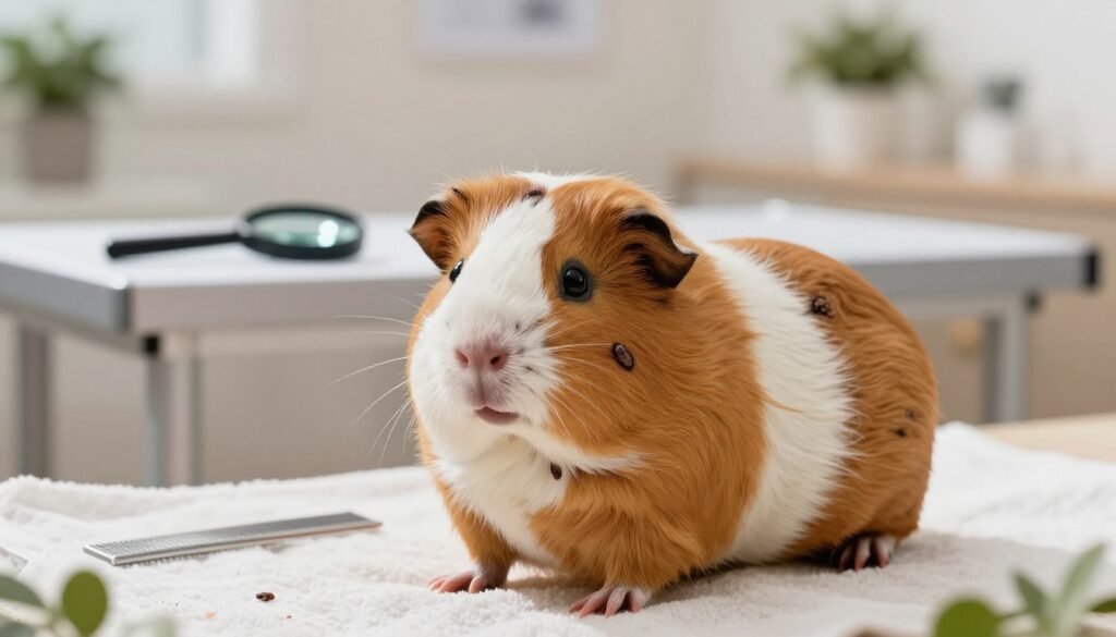 A close-up image of a guinea pig with visible signs of mange caused by lice, showcasing patches of irritated skin and fur loss. The guinea pig is in the foreground, sitting on clean bedding in a cozy indoor setting. The middle ground features a veterinary examination table with tools for treatment, such as a magnifying glass and a comb. The background displays a softly lit veterinary clinic environment, with neutral walls and some potted plants for warmth. The mood is clinical yet caring, capturing the concern for the guinea pig's health. The lighting is bright but diffused, creating a gentle atmosphere that emphasizes the guinea pig's condition while remaining informative and compassionate. A close-up image of a guinea pig with visible signs of mange caused by lice, showcasing patches of irritated skin and fur loss. The guinea pig is in the foreground, sitting on clean bedding in a cozy indoor setting. The middle ground features a veterinary examination table with tools for treatment, such as a magnifying glass and a comb. The background displays a softly lit veterinary clinic environment, with neutral walls and some potted plants for warmth. The mood is clinical yet caring, capturing the concern for the guinea pig's health. The lighting is bright but diffused, creating a gentle atmosphere that emphasizes the guinea pig's condition while remaining informative and compassionate.