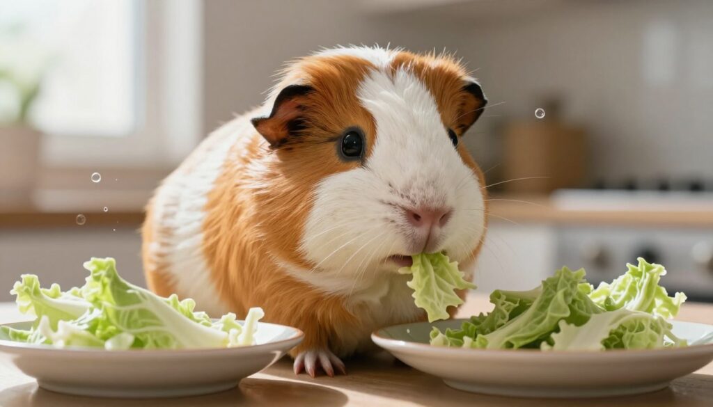 A close-up image of a worried guinea pig sitting next to a plate of cabbage. The guinea pig's expression should clearly convey discomfort, with its eyes wide and fur slightly ruffled, indicating a possible adverse reaction after eating. In the background, a soft-focused kitchen setting can be seen, with gentle natural light streaming in, casting a warm glow on the scene. Include some faint visuals of gas bubbles around the guinea pig to symbolize digestive distress, enhancing the mood of concern. The camera angle should be slightly tilted to add dynamism, capturing the focus on the guinea pig while subtly showcasing the plate with a few cabbage leaves. This composition reflects themes of health and caution.