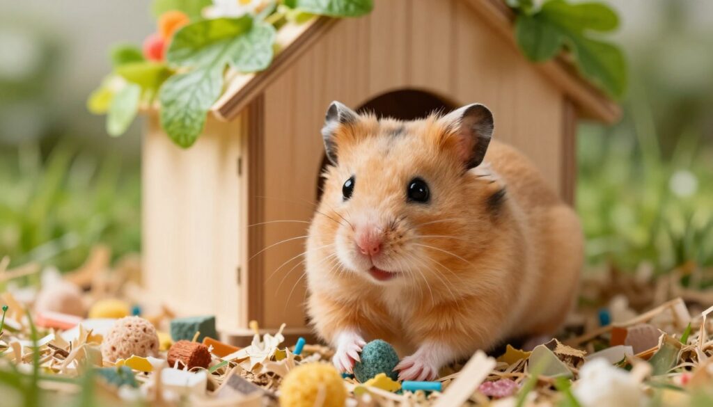 A close-up of a cheerful Syrian hamster in a cozy, natural setting, capturing its soft, golden-brown fur and bright, curious eyes. The hamster is playfully exploring a colorful bed of shredded paper and small chew toys in the foreground. In the middle ground, a small, wooden hamster house is visible, adorned with vibrant foliage, creating a warm and inviting atmosphere. The background is softly blurred, featuring hints of green grass and a gentle light filtering through, emphasizing a serene and playful mood. Using soft, natural lighting to enhance the textures and colors of the scene. The overall ambiance should feel friendly and engaging, perfect for discussing names that match a hamster's personality and appearance.