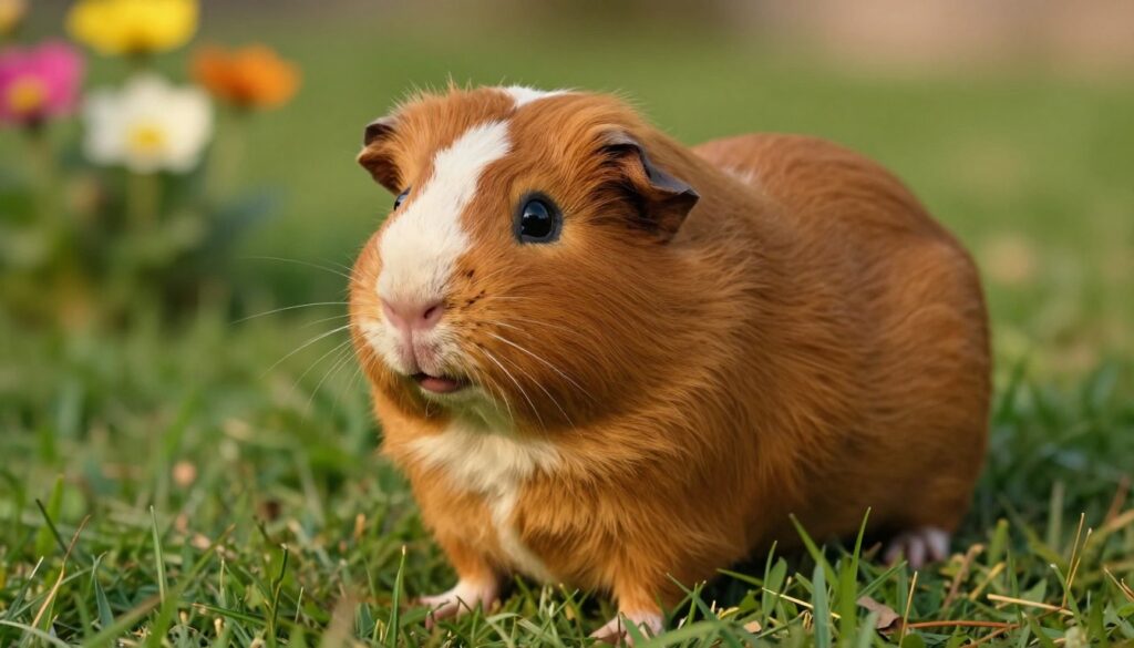 A close-up of a female guinea pig in a naturalistic setting, showcasing her in a playful, curious pose, with vivid details illustrating her unique features. Her fur should be a rich brown with subtle textures, highlighting the gentle curves of her body. In the background, a soft-focus environment with green grass and a few colorful flowers creates a calm atmosphere, suggesting her habitat. The lighting is warm and soft, emulating golden hour, casting gentle shadows that enhance the scene's tranquility. The image captures an essence of vitality and playfulness, perfectly encapsulating the cycle of a guinea pig in a serene and healthy environment. A close-up of a female guinea pig in a naturalistic setting, showcasing her in a playful, curious pose, with vivid details illustrating her unique features. Her fur should be a rich brown with subtle textures, highlighting the gentle curves of her body. In the background, a soft-focus environment with green grass and a few colorful flowers creates a calm atmosphere, suggesting her habitat. The lighting is warm and soft, emulating golden hour, casting gentle shadows that enhance the scene's tranquility. The image captures an essence of vitality and playfulness, perfectly encapsulating the cycle of a guinea pig in a serene and healthy environment.
