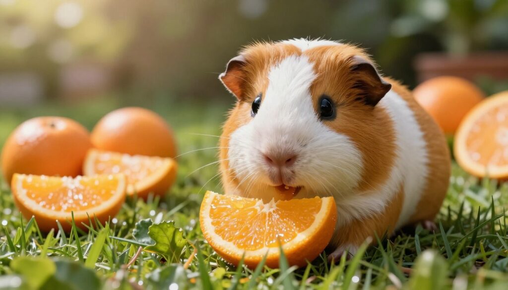 A close-up of a healthy guinea pig curiously nibbling on a bright, juicy mandarin orange slice, set against a soft, natural backdrop of fresh green grass and vibrant orange fruits. The guinea pig, with its soft fur and inquisitive eyes, is nestled in the foreground, while half of the mandarin, glistening with dew, is positioned near its mouth. The middle ground showcases additional slices of mandarin, scattered amongst leafy greens, creating an inviting and nutritious scene. The background includes a blurred garden environment, suggesting a sunny day with warm, soft lighting that casts gentle shadows, enhancing the overall warmth and coziness of the setting. The atmosphere is lively and cheerful, portraying a moment of enjoyment in a guinea pig's diet.