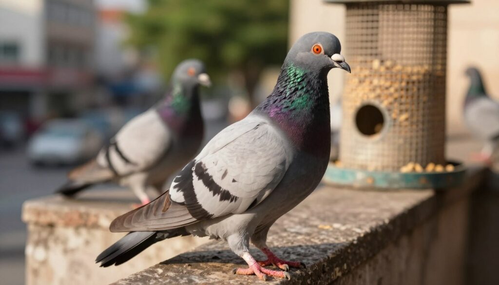 A close-up of a healthy pigeon perched on a rustic urban ledge, with a subtle hint of greenery in the background, illustrating its resilience. The foreground focuses on the bird's vivid plumage, capturing the intricate details of its feathers, reflecting natural sunlight. In the middle ground, a soft blur of city life hints at the challenges pigeons face in their environment, while a slightly distressed background shows a faint shadow of food scarcity by depicting empty bird feeders. The lighting is warm and inviting, emphasizing a serene yet alert atmosphere. The scene conveys the dichotomy of survival and vulnerability, making it an evocative representation of the pigeon’s life without food. The angle is slightly tilted upwards to add depth and capture the bird's regal posture.