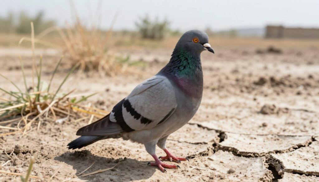 A close-up of a pigeon standing on a dry, cracked earth surface, showcasing its resilience while visibly feeling the harshness of its environment. The foreground highlights the bird's detailed feathers, with a focus on its alert eyes and the way it adjusts to the lack of food and water. In the middle ground, depict sparse vegetation and dry grass to emphasize the scarcity of resources. In the background, suggest a parched landscape under a bright, glaring sun, intensifying the mood of survival. Soft sunlight casts gentle shadows, creating a contrast between the bird and the barren earth. Capture a sense of quiet desperation in the atmosphere, underscoring the poignant reality of the bird's struggle for life.