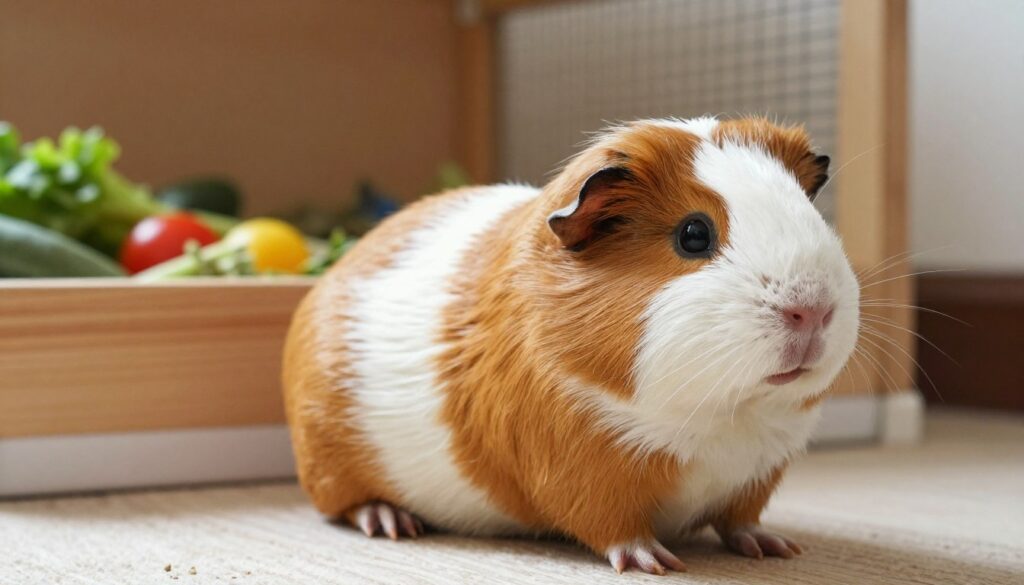A close-up of an adorable guinea pig (świnka morska) in a cozy, well-lit indoor environment. The animal is positioned in the foreground, with its round, fluffy body slightly turned to showcase its soft fur, which is a mix of brown and white. The middle background features a comfortable wooden cage with fresh bedding, colorful toys, and some fresh vegetables nearby, emphasizing a nurturing habitat. Soft, natural daylight simulates a warm atmosphere, enhancing the tenderness of this moment. The guinea pig is displaying slight signs of pregnancy, with a gentle curve to its body, adding a layer of insight into its behavior. The image conveys a sense of calm, safety, and care, capturing the essence of a guinea pig's experience during pregnancy. A close-up of an adorable guinea pig (świnka morska) in a cozy, well-lit indoor environment. The animal is positioned in the foreground, with its round, fluffy body slightly turned to showcase its soft fur, which is a mix of brown and white. The middle background features a comfortable wooden cage with fresh bedding, colorful toys, and some fresh vegetables nearby, emphasizing a nurturing habitat. Soft, natural daylight simulates a warm atmosphere, enhancing the tenderness of this moment. The guinea pig is displaying slight signs of pregnancy, with a gentle curve to its body, adding a layer of insight into its behavior. The image conveys a sense of calm, safety, and care, capturing the essence of a guinea pig's experience during pregnancy.