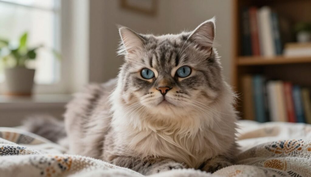 A close-up of an aging cat seated comfortably on a soft, patterned blanket. The cat, a fluffy Persian with gray fur and striking blue eyes, displays signs of age such as subtle whisker grays and slightly drooping ears. Its expression is gentle and contemplative, showcasing wisdom gained over the years. Soft, warm light filters in from a nearby window, casting a cozy glow that highlights the cat's fur texture. In the background, a gentle blur of houseplants and a bookshelf filled with books creates a peaceful home environment, emphasizing the cat's comfort. The atmosphere is serene and nostalgic, inviting the viewer to reflect on the quiet companionship of aging pets. A close-up of an aging cat seated comfortably on a soft, patterned blanket. The cat, a fluffy Persian with gray fur and striking blue eyes, displays signs of age such as subtle whisker grays and slightly drooping ears. Its expression is gentle and contemplative, showcasing wisdom gained over the years. Soft, warm light filters in from a nearby window, casting a cozy glow that highlights the cat's fur texture. In the background, a gentle blur of houseplants and a bookshelf filled with books creates a peaceful home environment, emphasizing the cat's comfort. The atmosphere is serene and nostalgic, inviting the viewer to reflect on the quiet companionship of aging pets.