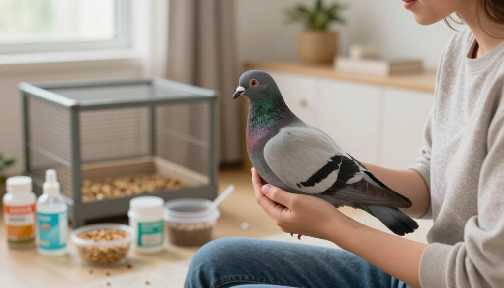 A close-up scene depicting a caring individual gently handling a homing pigeon in a tranquil, domestic setting. The foreground features a person, dressed in modest casual clothing, cradling the pigeon with tenderness, showcasing the deep bond between them. In the middle ground, a well-organized setup of pigeon care essentials like a spacious aviary, feed containers, and medical supplies illustrates a nurturing environment. The background shows a softly lit room with natural light filtering through a window, creating a warm atmosphere. The overall mood is calm and compassionate, highlighting the importance of human connection in the care of homing pigeons that contribute to their longevity and well-being. The image captures the essence of dedicated care and love for pets. A close-up scene depicting a caring individual gently handling a homing pigeon in a tranquil, domestic setting. The foreground features a person, dressed in modest casual clothing, cradling the pigeon with tenderness, showcasing the deep bond between them. In the middle ground, a well-organized setup of pigeon care essentials like a spacious aviary, feed containers, and medical supplies illustrates a nurturing environment. The background shows a softly lit room with natural light filtering through a window, creating a warm atmosphere. The overall mood is calm and compassionate, highlighting the importance of human connection in the care of homing pigeons that contribute to their longevity and well-being. The image captures the essence of dedicated care and love for pets.