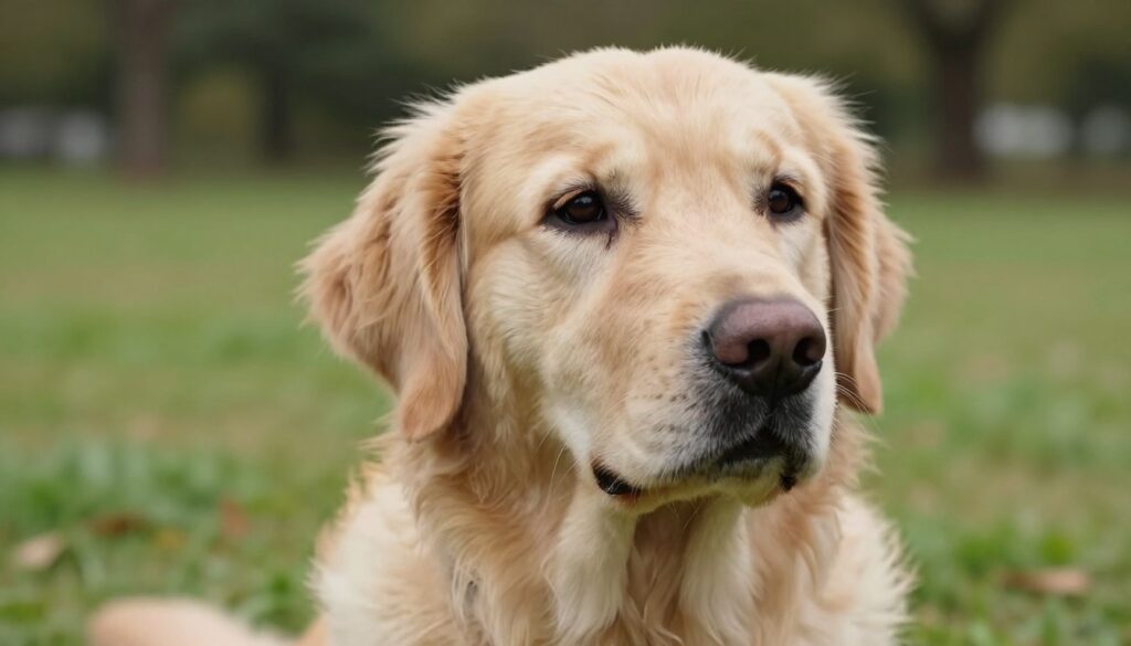 A close-up view of a Golden Retriever with visible signs of joint and eye conditions, illustrating the impact of common health issues in the breed. The dog is sitting on a grassy field, with a gentle expression, its eyes slightly cloudy, and its posture showing some stiffness. The foreground highlights the dog's eyes, capturing their soft, expressive nature, while the middle ground features a blurred background of trees, suggesting a serene park setting. Soft, natural lighting creates a warm atmosphere, evoking empathy and awareness. The camera angle is slightly above eye level, providing an intimate perspective. The overall mood is poignant yet respectful, raising awareness about the importance of canine health.