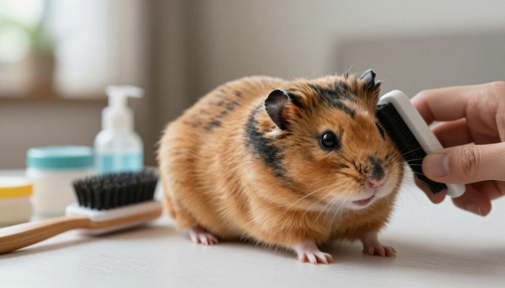 A close-up view of a Syrian hamster being groomed, showcasing its varied fur types, including long and short-haired varieties, in a cozy and well-lit indoor setting. The foreground features a gentle hand brushing the hamster's soft fur, emphasizing the texture and colors, such as golden, black, and mottled shades. In the middle ground, a small grooming kit with brushes and pet supplies is neatly arranged, reflecting the care needed for different coat types. The background is softly blurred, hinting at a warm and inviting home environment with natural light filtering in. The mood is tranquil and nurturing, highlighting the importance of proper grooming in hamster care.