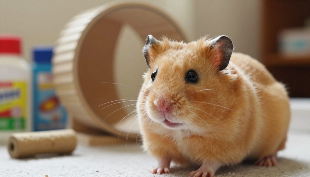 A close-up view of a Syrian hamster, capturing its distinct features and textures. The foreground highlights the hamster's soft, fluffy fur with tones of golden and cream, showcasing its round, curious eyes. The middle ground includes a cozy habitat, complete with a small wheel and a few chew toys, emphasizing a safe environment. In the background, softly blurred pet supplies and a subtle hint of a warm, inviting room create an atmosphere of nurturing care. The lighting is soft and natural, evoking a calm, friendly mood. The composition should be shot at a slight angle to emphasize the hamster’s playful demeanor, inviting viewers to observe its behavior closely.