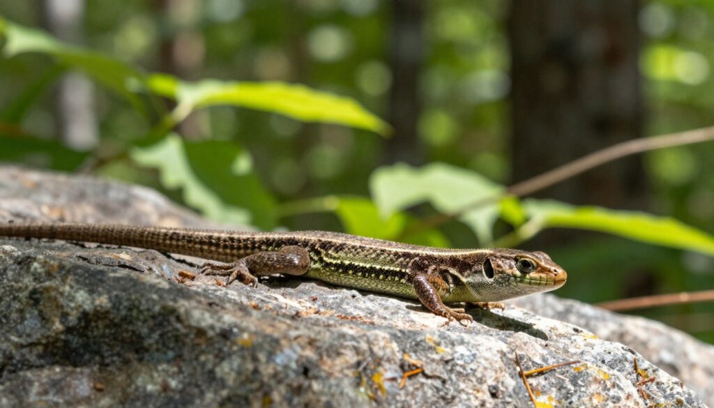 A close-up view of a common lizard (Lacerta vivipara) basking on a sunlit rock in a serene forest setting. The foreground showcases the lizard with its textured green-brown skin glistening in the sunlight, emphasizing intricate details of its scales. In the middle ground, vibrant greenery with soft, dappled light filters through the leaves, creating a natural habitat that reflects the lizard's environment. The background features blurred shapes of trees and foliage, adding depth while maintaining focus on the subject. The scene conveys a calm and warm atmosphere of a summer day, highlighting the lizard's typical surroundings. The image is captured from a low angle to give a sense of intimacy and connection with the subject.
