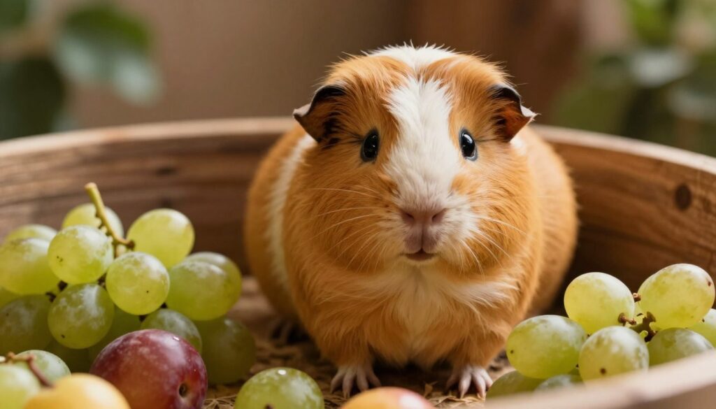 A close-up view of a cute, fluffy guinea pig sitting in a cozy, colorful cage surrounded by unnecessary fruits, specifically grapes, showing a light golden-brown fur coat with dark eyes. The guinea pig looks curiously at the viewer, while the grapes are scattered around, emphasizing the theme of fruits that should be avoided. In the background, a soft-focused view of natural wood and green foliage enhances the atmosphere of a nurturing environment. The lighting is warm and inviting, casting gentle shadows that create depth. A slight angle from above gives an engaging perspective, highlighting both the guinea pig and the surrounding fruits while ensuring a clear focus on the subject.