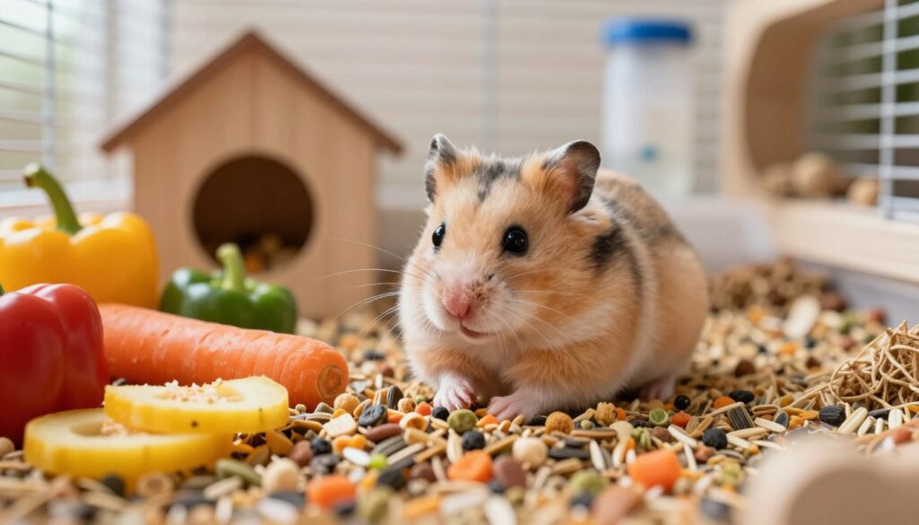 A close-up view of a cute, healthy hamster sitting in a cozy cage setting, surrounded by an assortment of high-quality hamster food. The foreground features a colorful, neatly arranged pile of hamster pellets and seeds, with a few fresh vegetables like carrots and bell peppers scattered around. In the middle ground, the hamster curiously explores its habitat, showcasing its soft fur and bright eyes. The background includes a spacious and well-decorated cage with wooden chew toys, a water bottle, and cozy bedding. Soft, natural lighting filters through, creating a warm and inviting atmosphere. The scene evokes a sense of care, highlighting the importance of a balanced diet for pet hamsters, emphasizing health and happiness. A close-up view of a cute, healthy hamster sitting in a cozy cage setting, surrounded by an assortment of high-quality hamster food. The foreground features a colorful, neatly arranged pile of hamster pellets and seeds, with a few fresh vegetables like carrots and bell peppers scattered around. In the middle ground, the hamster curiously explores its habitat, showcasing its soft fur and bright eyes. The background includes a spacious and well-decorated cage with wooden chew toys, a water bottle, and cozy bedding. Soft, natural lighting filters through, creating a warm and inviting atmosphere. The scene evokes a sense of care, highlighting the importance of a balanced diet for pet hamsters, emphasizing health and happiness.
