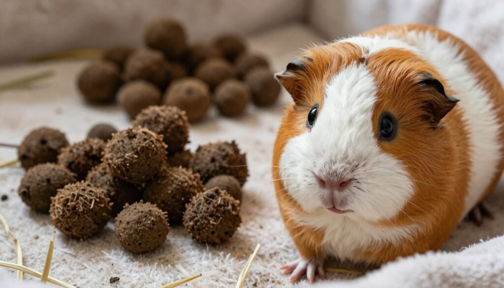 A close-up view of a guinea pig exhibiting signs of diarrhea, focusing on the animal's body language and posture that indicate discomfort. The foreground features a visibly distressed guinea pig, with its fur slightly ruffled and eyes wide open. In the middle ground, a comparison can be made with piles of soft, irregularly shaped feces that resemble watery consistency, contrasting with normal, firm pellets in the background. The setting is a cozy indoor habitat with soft bedding and scattered hay, providing context. Use soft, natural lighting to create a warm yet serious atmosphere, focusing on the guinea pig’s expressions. Capture the scene from a slightly elevated angle to emphasize the details of the symptoms.