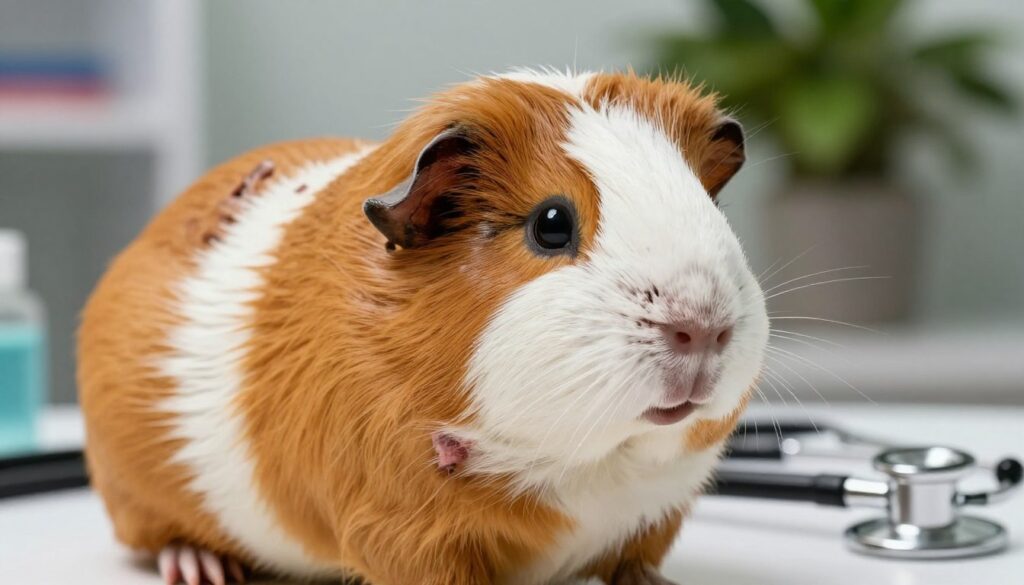 A close-up view of a guinea pig with a visible fungal infection affecting its fur, showcasing patches of hair loss and irritated skin. The guinea pig is positioned in the foreground, with a warm, natural light illuminating its features to highlight the texture of its fur and the affected areas. In the middle ground, a veterinary clinic setting is subtly suggested with blurred medical tools and a stethoscope, emphasizing the subject of treatment. The background includes soft green plants to evoke a calm and nurturing environment. The overall mood is informative yet gentle, creating awareness about the condition while ensuring the guinea pig appears healthy and cared for. The composition should be crisp and clear, focusing on the guinea pig's face and body, capturing the essence of this prevalent health issue.