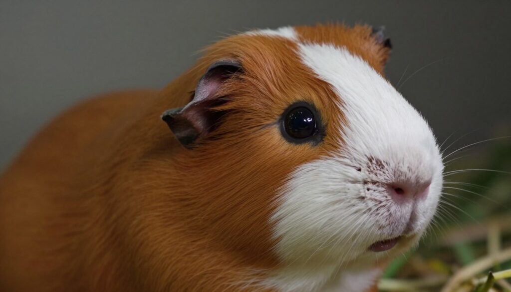 A close-up view of a guinea pig's eyes, showcasing the intricate structure and unique features that aid their vision. The foreground focuses on the guinea pig's large, expressive eyes, highlighting the depth of perception and the richness of color in their irises. In the middle background, a soft gradient of natural colors mimics a dimly lit habitat, emphasizing how lighting impacts their ability to see. The setting is filled with soft shadows and gentle lighting to create a serene atmosphere, suggesting the calming effects of low light. The angle captures the essence of curiosity in the guinea pig, as it gazes into the distance, embodying the wonder of its visual world.