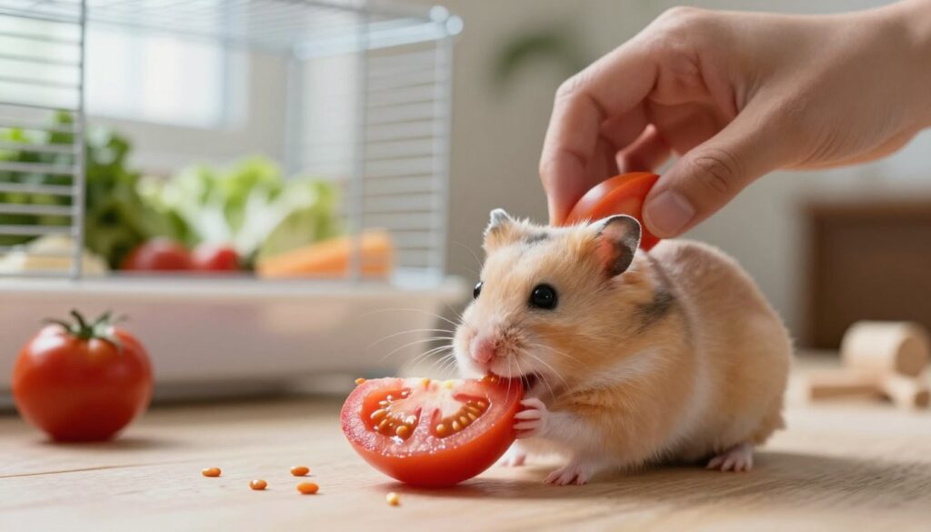 A close-up view of a hamster interacting with a tomato, illustrating common mistakes made by pet owners. In the foreground, a curious hamster is trying to nibble on a bright red tomato slice, with seeds scattered around it. The middle ground features a hand gently reaching towards the hamster, holding a tomato piece, highlighting the act of feeding. The background is softly blurred, showing a cozy living space with a cage, hamster toys, and fresh vegetables. Natural lighting filters through a window, creating a warm, inviting atmosphere. The composition captures the essence of pet care, emphasizing the focus on providing safe and healthy treats for hamsters. The angle should be slightly above eye level, giving a clear view of the interaction without distractions. A close-up view of a hamster interacting with a tomato, illustrating common mistakes made by pet owners. In the foreground, a curious hamster is trying to nibble on a bright red tomato slice, with seeds scattered around it. The middle ground features a hand gently reaching towards the hamster, holding a tomato piece, highlighting the act of feeding. The background is softly blurred, showing a cozy living space with a cage, hamster toys, and fresh vegetables. Natural lighting filters through a window, creating a warm, inviting atmosphere. The composition captures the essence of pet care, emphasizing the focus on providing safe and healthy treats for hamsters. The angle should be slightly above eye level, giving a clear view of the interaction without distractions.
