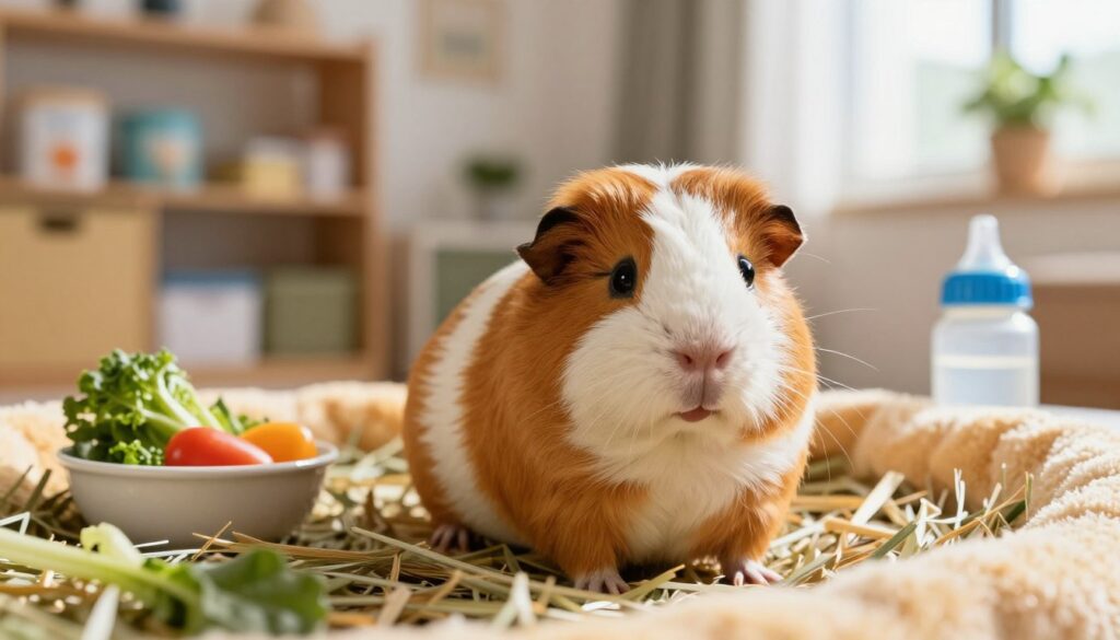 A close-up view of a healthy "kawia domowa" (guinea pig) sitting on a soft, colorful bed of hay in a cozy living space. The foreground features the guinea pig, showcasing its shiny fur, bright eyes, and cute expression. Its surroundings include a small bowl of fresh vegetables and a water bottle, emphasizing a well-cared-for pet environment. In the background, softly blurred, there are shelves with pet supplies and a few plants, creating a warm and inviting atmosphere. The lighting is bright and natural, simulating sunlight filtering through a nearby window, enhancing the cheerful ambiance. The overall mood is vibrant and lively, reflecting the joys of pet ownership and the importance of proper care in maintaining a guinea pig's health and weight. A close-up view of a healthy "kawia domowa" (guinea pig) sitting on a soft, colorful bed of hay in a cozy living space. The foreground features the guinea pig, showcasing its shiny fur, bright eyes, and cute expression. Its surroundings include a small bowl of fresh vegetables and a water bottle, emphasizing a well-cared-for pet environment. In the background, softly blurred, there are shelves with pet supplies and a few plants, creating a warm and inviting atmosphere. The lighting is bright and natural, simulating sunlight filtering through a nearby window, enhancing the cheerful ambiance. The overall mood is vibrant and lively, reflecting the joys of pet ownership and the importance of proper care in maintaining a guinea pig's health and weight.