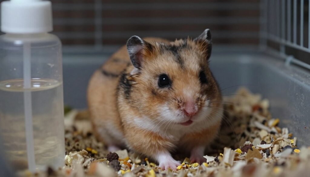 A close-up view of a small hamster in a naturalistic habitat, vividly illustrating signs of distress. The hamster is nestled in soft bedding, with its fur slightly ruffled and its eyes half-closed, displaying a concerned expression. Surrounding the hamster, add elements like a water bottle with low water levels and scattered uneaten food to hint at poor health. The background should feature a cozy but slightly messy cage, with dim lighting that conveys a somber mood, emphasizing the urgency of the situation. Use a shallow depth of field to focus sharply on the hamster while gently blurring the surroundings, creating an intimate and emotional atmosphere that captures the essence of concerning symptoms.