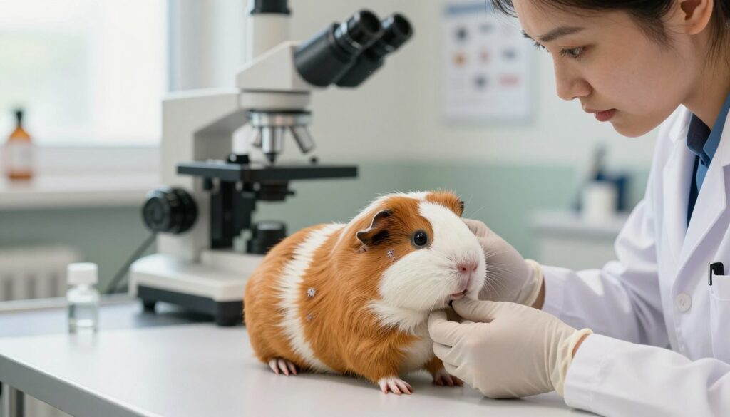 A close-up view of a veterinary examination room with a focus on a healthy guinea pig sitting on a clean, well-lit examination table. The background features professional veterinary equipment like an otoscope, microscope, and pet medical charts. In the foreground, a veterinarian, wearing a white lab coat and gloves, is gently examining the guinea pig’s fur and skin for signs of fungal infection, with a look of concentration on their face. Soft, natural lighting filters in through a window, creating a warm and welcoming atmosphere. The image should emphasize meticulous attention to detail, capturing both the care for the pet and the importance of thorough examination in diagnosing conditions like fungal infections.