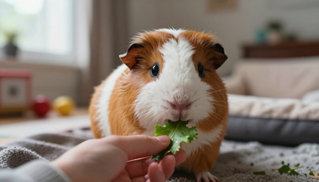 A close-up view of an affectionate, fluffy guinea pig being gently fed fresh vegetables by a person. In the foreground, the guinea pig, with soft brown and white fur, looks curious and engaged as it nibbles on a vibrant green leaf. The person's hand, wearing a simple sweater, is delicately offering food, capturing the bond of trust being built. In the middle ground, a cozy living space is visible, with soft natural light filtering through a nearby window, creating a warm ambiance. In the background, there are hints of toys and a comfortable bedding area, enhancing the homey feel. The overall mood is calm and nurturing, evoking the joy of caring for a beloved pet.