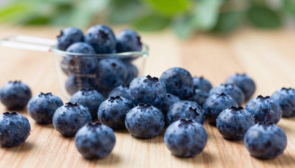 A close-up view of fresh blueberries arranged artistically on a wooden table, showcasing their vibrant blue color, glistening with dew droplets. The foreground highlights the blueberries with a soft focus to accentuate their texture and juiciness. In the middle ground, include a small measuring cup filled with blueberries to signify portion size, emphasizing their nutritional value. The background features a softly blurred green foliage, suggesting a natural environment, with warm, natural lighting filtering through, creating a fresh and inviting atmosphere. Capture the image from a slightly elevated angle, allowing the details of the blueberries and the measuring cup to take center stage, inspiring a healthy and wholesome feeling. The overall mood should be bright and cheerful, ideal for educating on the nutritional benefits of blueberries for guinea pigs. A close-up view of fresh blueberries arranged artistically on a wooden table, showcasing their vibrant blue color, glistening with dew droplets. The foreground highlights the blueberries with a soft focus to accentuate their texture and juiciness. In the middle ground, include a small measuring cup filled with blueberries to signify portion size, emphasizing their nutritional value. The background features a softly blurred green foliage, suggesting a natural environment, with warm, natural lighting filtering through, creating a fresh and inviting atmosphere. Capture the image from a slightly elevated angle, allowing the details of the blueberries and the measuring cup to take center stage, inspiring a healthy and wholesome feeling. The overall mood should be bright and cheerful, ideal for educating on the nutritional benefits of blueberries for guinea pigs.