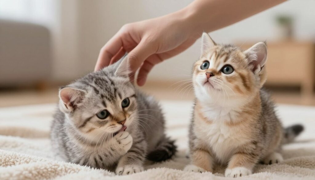 A close-up view of two adorable kittens on a soft, warm blanket, showcasing their different anatomy for gender identification. The foreground features one kitten playfully grooming itself while the other curiously looks up, both exhibiting fluffy fur and bright, inquisitive eyes. In the middle ground, a gentle hand is reaching down to interact with them, illustrating the careful approach needed to distinguish their sexes. The background is softly blurred, hinting at a cozy living room setting with soft lighting, creating a serene and inviting atmosphere. The overall mood should convey warmth, curiosity, and the importance of patience in observing the kittens. The image should be well-lit, with a focus on softness and detail, captured at eye level to engage the viewer.