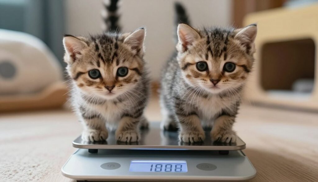 A close-up view of two kittens of varying sizes being weighed on a small digital scale. The foreground focuses on the kittens, one slightly larger than the other, showcasing their soft fur textures and curious expressions. The middle ground features the scale with clear, bright LED numbers displaying their weights. In the background, there's a cozy indoor setting with soft lighting, perhaps a blanket and some cat toys to create a warm atmosphere. The image is captured from a low angle to emphasize the kittens' varying sizes, with natural lighting that highlights their playful nature. The overall mood is inviting and playful, emphasizing the theme of assessing kitten growth. A close-up view of two kittens of varying sizes being weighed on a small digital scale. The foreground focuses on the kittens, one slightly larger than the other, showcasing their soft fur textures and curious expressions. The middle ground features the scale with clear, bright LED numbers displaying their weights. In the background, there's a cozy indoor setting with soft lighting, perhaps a blanket and some cat toys to create a warm atmosphere. The image is captured from a low angle to emphasize the kittens' varying sizes, with natural lighting that highlights their playful nature. The overall mood is inviting and playful, emphasizing the theme of assessing kitten growth.