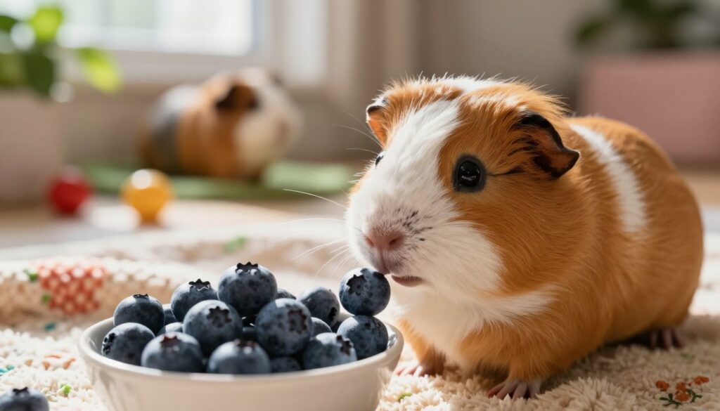 A close-up, warm and inviting scene of a guinea pig gently interacting with fresh blueberries. In the foreground, the guinea pig, with soft, fluffy fur and bright, curious eyes, is carefully sniffing a plump blueberry, showcasing an expression of interest. Surrounding the guinea pig, a small bowl filled with blueberries is elegantly arranged, suggesting a safe and appealing portion. The middle ground features a cozy, well-lit space with colorful bedding and a soft, textured blanket contributing to a homey atmosphere. In the background, a softly blurred view of a playful guinea pig habitat with a few scattered toys and leafy greens. The light is warm and natural, mimicking sunlight filtering through a window, creating a cheerful and nurturing mood. A close-up, warm and inviting scene of a guinea pig gently interacting with fresh blueberries. In the foreground, the guinea pig, with soft, fluffy fur and bright, curious eyes, is carefully sniffing a plump blueberry, showcasing an expression of interest. Surrounding the guinea pig, a small bowl filled with blueberries is elegantly arranged, suggesting a safe and appealing portion. The middle ground features a cozy, well-lit space with colorful bedding and a soft, textured blanket contributing to a homey atmosphere. In the background, a softly blurred view of a playful guinea pig habitat with a few scattered toys and leafy greens. The light is warm and natural, mimicking sunlight filtering through a window, creating a cheerful and nurturing mood.