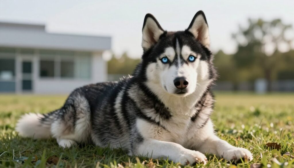 A concerned Siberian Husky lies on a soft, grassy knoll, its expressive blue eyes reflecting a sense of health issues. The Husky’s fur is striking, with a mix of black and white, displaying a slightly unkempt appearance to signify health struggles. In the middle background, there are subtle hints of a veterinary clinic, blurred to keep the focus on the dog, while in the far background, gentle trees sway under a clear sky. Soft, natural lighting casts a warm glow, highlighting the Husky’s features and the emotional connection to its wellbeing. The image should evoke a mood of concern and empathy, inspiring the viewer to think about the common health problems affecting this breed and how they impact their longevity.