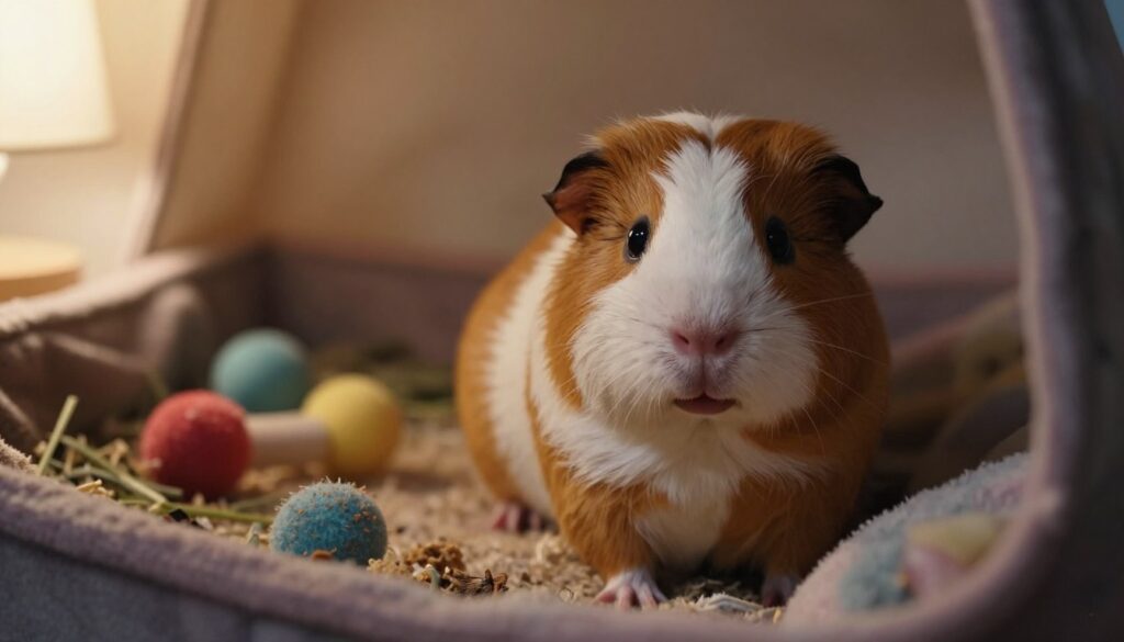 A concerned guinea pig trembling with fear sits in a cozy, dimly lit habitat. The foreground features the small animal with wide eyes and quivering fur, displaying a clear sign of stress and anxiety. Its tiny paws grip the side of a soft, colorful blanket, emphasizing its vulnerability. In the middle, a scattered array of bedding and a few chew toys suggest a safe space, yet the surrounding atmosphere is tense. The background reveals gentle shadows cast by a warm lamp, creating a contrast between the calm environment and the pet's distress. Use soft, diffused lighting to enhance the emotional tone, capturing the essence of anxiety a guinea pig can feel in stressful situations. The angle should focus closely on the guinea pig to amplify the connection with viewers, evoking empathy and understanding for its plight.