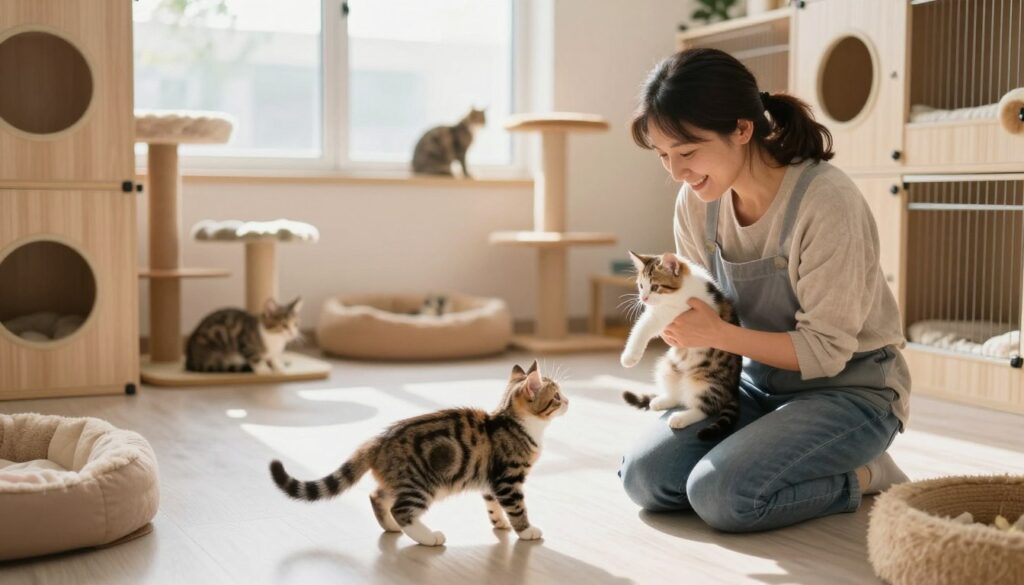 A cozy and inviting cat breeding environment, showcasing a clean, well-organized space where healthy kittens play. In the foreground, a playful tabby kitten interacts with a nurturing breeder, a middle-aged woman in casual yet professional attire, gently holding a kitten and smiling. The background features neatly arranged cat habitats with adequate space, toys, and scratching posts, along with cozy bedding. Soft, natural light filters through a large window, casting a warm glow throughout the scene, creating a welcoming atmosphere. There’s a sense of care and attention to the well-being of the cats, highlighting the importance of hygiene and comfort in the breeding space. The image should evoke feelings of trust and warmth, encouraging potential cat owners to feel confident in their future kitten purchase.