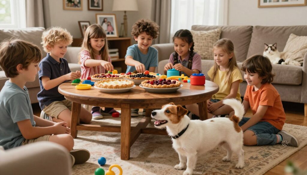 A cozy and inviting domestic scene featuring a Jack Russell Terrier interacting joyfully with children in a warm living room. The foreground shows the playful dog wagging its tail, surrounded by cheerful kids aged 5 to 10 years, dressed in colorful, modest clothing, engaging with toys and games. The middle ground is filled with a round wooden table adorned with homemade pies, showcasing a variety of flavors, set against a rustic backdrop of family photos and comfortable furniture. Soft, natural lighting streams through a window, highlighting the warmth of the space. In the background, a friendly cat can be seen lounging, promoting a sense of harmony among pets. The overall mood is lively and heartwarming, capturing the essence of family life with a pet.