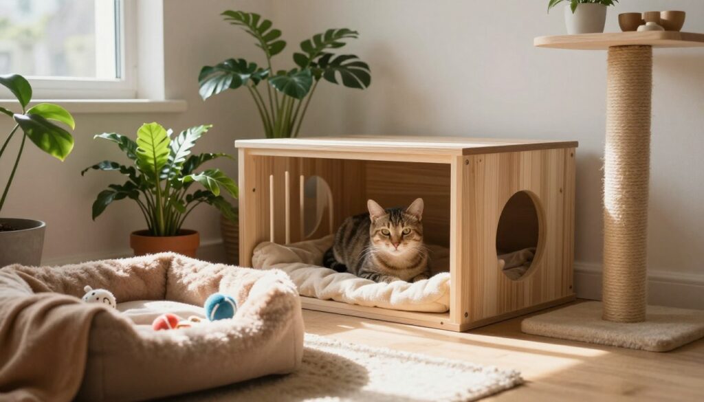 A cozy and safe home environment designed for taming a wild cat. In the foreground, a soft, plush cat bed with warm blankets and a few toys, inviting for the cat to explore. In the middle, a secure and enclosed space made from lightweight materials, such as a wooden crate with a soft blanket inside, surrounded by potted plants that offer a sense of calm. The background should depict a well-lit room with natural light streaming in through a window, creating an atmosphere of warmth and safety. Soft, muted colors throughout, with gentle shadows cast to evoke a peaceful and inviting ambiance. A few safety features like a sturdy scratching post and shelves for climbing can be incorporated subtly, ensuring a tranquil space for a timid cat. A cozy and safe home environment designed for taming a wild cat. In the foreground, a soft, plush cat bed with warm blankets and a few toys, inviting for the cat to explore. In the middle, a secure and enclosed space made from lightweight materials, such as a wooden crate with a soft blanket inside, surrounded by potted plants that offer a sense of calm. The background should depict a well-lit room with natural light streaming in through a window, creating an atmosphere of warmth and safety. Soft, muted colors throughout, with gentle shadows cast to evoke a peaceful and inviting ambiance. A few safety features like a sturdy scratching post and shelves for climbing can be incorporated subtly, ensuring a tranquil space for a timid cat.