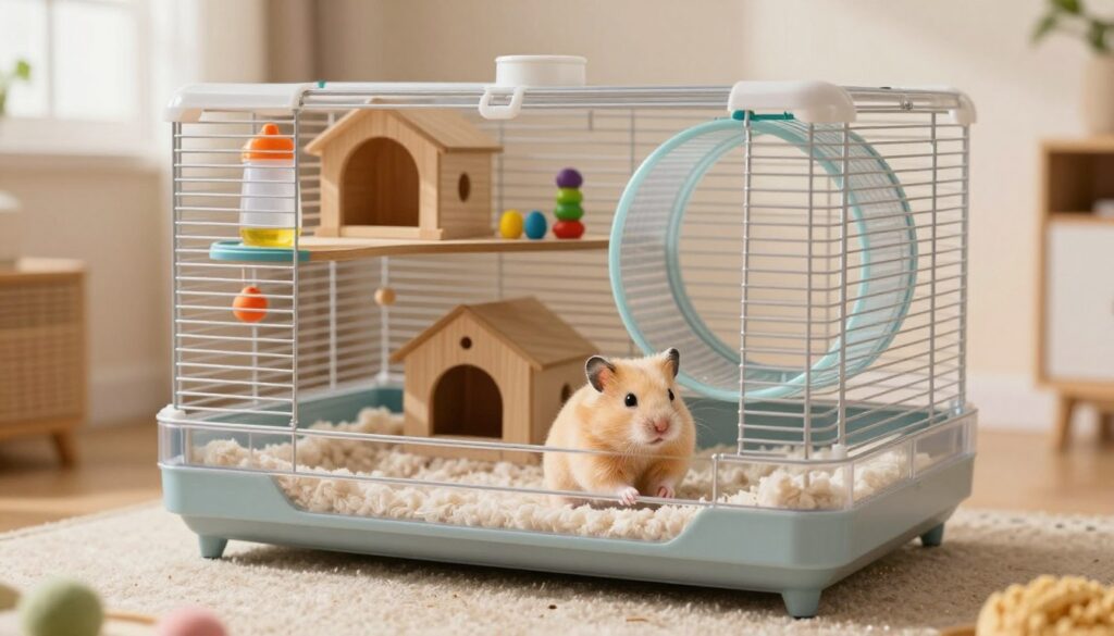 A cozy and spacious hamster cage designed for comfort and safety, featuring a multi-level structure with tunnels, an exercise wheel, and soft bedding. In the foreground, a cheerful golden hamster is exploring its environment, displaying curiosity with its tiny paws raised. The middle layer showcases various accessories like a colorful water bottle, chew toys, and a small house for hiding. The background includes a warm, softly-lit room with natural light filtering through a nearby window, casting gentle shadows. The atmosphere is inviting and nurturing, reflecting a perfect habitat for a hamster. The image is vibrant and detailed, highlighting elements essential for hamster well-being while maintaining a clean and organized aesthetic. A cozy and spacious hamster cage designed for comfort and safety, featuring a multi-level structure with tunnels, an exercise wheel, and soft bedding. In the foreground, a cheerful golden hamster is exploring its environment, displaying curiosity with its tiny paws raised. The middle layer showcases various accessories like a colorful water bottle, chew toys, and a small house for hiding. The background includes a warm, softly-lit room with natural light filtering through a nearby window, casting gentle shadows. The atmosphere is inviting and nurturing, reflecting a perfect habitat for a hamster. The image is vibrant and detailed, highlighting elements essential for hamster well-being while maintaining a clean and organized aesthetic.