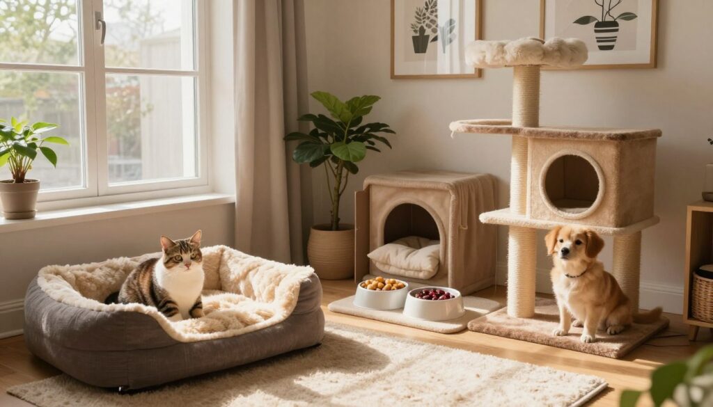 A cozy and thoughtfully arranged room in a modern home designed for both a cat and a dog. In the foreground, a plush dog bed is positioned near a warm, sunlit window, while a stylish cat tree with various levels and scratching posts sits nearby. The middle ground features an organized area with food and water bowls placed on a soft mat, alongside hidden nooks filled with soft blankets for both pets to retreat to. The background showcases a calming color palette, with houseplants and framed art on the walls to enhance the peaceful atmosphere. Gentle, soft lighting creates an inviting mood, suggesting a harmonious living environment where both animals can feel safe and comfortable. A cozy and thoughtfully arranged room in a modern home designed for both a cat and a dog. In the foreground, a plush dog bed is positioned near a warm, sunlit window, while a stylish cat tree with various levels and scratching posts sits nearby. The middle ground features an organized area with food and water bowls placed on a soft mat, alongside hidden nooks filled with soft blankets for both pets to retreat to. The background showcases a calming color palette, with houseplants and framed art on the walls to enhance the peaceful atmosphere. Gentle, soft lighting creates an inviting mood, suggesting a harmonious living environment where both animals can feel safe and comfortable.