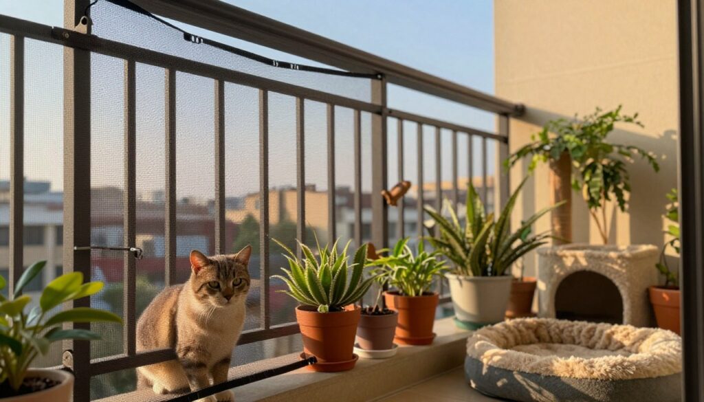 A cozy balcony setting designed for a cat, featuring a sturdy protective mesh screen securely attached to the railing, ensuring safety. In the foreground, a curious cat peers through the mesh, its fur softly illuminated by warm, golden afternoon light. In the middle, various plants in colorful pots create a vibrant atmosphere, while a plush cat bed is visible, inviting and comfortable. The background shows a cityscape with distant buildings under a clear blue sky. The overall mood is peaceful and inviting, highlighting the importance of safety for pets. Capture this scene from a slightly elevated angle to emphasize the balcony's features, using soft focus to enhance the inviting atmosphere. A cozy balcony setting designed for a cat, featuring a sturdy protective mesh screen securely attached to the railing, ensuring safety. In the foreground, a curious cat peers through the mesh, its fur softly illuminated by warm, golden afternoon light. In the middle, various plants in colorful pots create a vibrant atmosphere, while a plush cat bed is visible, inviting and comfortable. The background shows a cityscape with distant buildings under a clear blue sky. The overall mood is peaceful and inviting, highlighting the importance of safety for pets. Capture this scene from a slightly elevated angle to emphasize the balcony's features, using soft focus to enhance the inviting atmosphere.