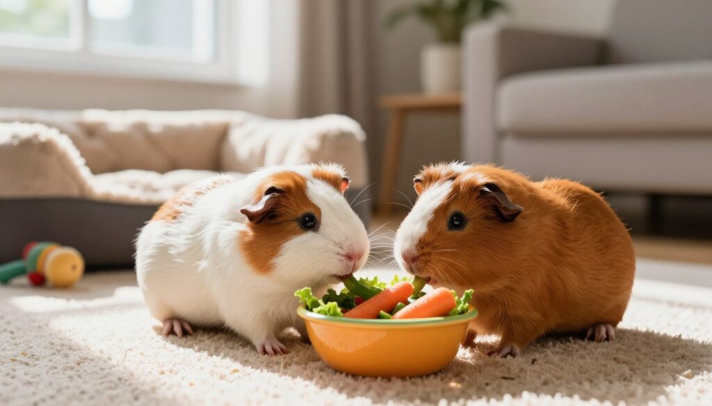 A cozy, brightly lit living room scene featuring two adorable guinea pigs engaging in a joyful feeding moment. The foreground shows the guinea pigs nuzzling against a colorful bowl filled with fresh vegetables like carrots, lettuce, and peppers, their eyes sparkling with curiosity. In the middle background, a soft, plush pet bed and a playful scattering of chew toys create a homely atmosphere. Soft, natural light filters through a nearby window, casting gentle shadows and highlighting the textures of the guinea pigs' fur. The overall mood is warm and inviting, capturing the essence of a loving pet-owner relationship and the intriguing communication between these charming creatures in everyday situations.