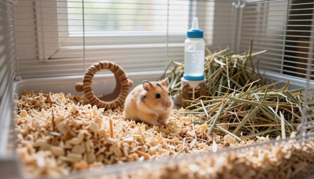 A cozy hamster habitat featuring a variety of bedding materials such as aspen shavings, paper-based bedding, and hay, arranged in a spacious, well-lit cage. In the foreground, a fluffy mound of soft bedding appears inviting, while in the middle, a few chew toys and a water bottle are neatly placed, emphasizing cleanliness and care. The background showcases a bright, natural light streaming in through a window, casting a warm glow over the scene. The atmosphere is serene and nurturing, highlighting the importance of hygiene in a hamster's environment. Emphasize textures and colors, ensuring the image evokes feelings of comfort and well-being for small pets. A cozy hamster habitat featuring a variety of bedding materials such as aspen shavings, paper-based bedding, and hay, arranged in a spacious, well-lit cage. In the foreground, a fluffy mound of soft bedding appears inviting, while in the middle, a few chew toys and a water bottle are neatly placed, emphasizing cleanliness and care. The background showcases a bright, natural light streaming in through a window, casting a warm glow over the scene. The atmosphere is serene and nurturing, highlighting the importance of hygiene in a hamster's environment. Emphasize textures and colors, ensuring the image evokes feelings of comfort and well-being for small pets.