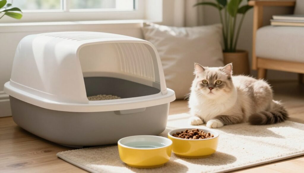 A cozy home interior featuring a clean cat litter box, thoughtfully designed with tidy edges and a subtle color palette. In the foreground, a pair of bright ceramic bowls filled with fresh water and nutritious cat food sit on a mat. The middle ground displays a content, fluffy cat lounging beside its litter box, with a backdrop of soft cushions and greenery. Sunlight filters through a window, casting warm rays that enhance the serene atmosphere. The scene conveys a sense of order and hygiene, illustrating the importance of cleanliness in pet care. The focal point is the cat's relaxed demeanor, epitomizing health and happiness in a tidy living environment.