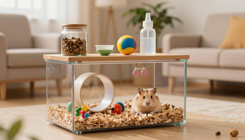A cozy home interior featuring a well-maintained hamster habitat. In the foreground, a clear glass cage filled with natural bedding, a small wheel, and colorful toys, with a cute hamster peeking out. In the middle, a wooden shelf displaying essential hamster care supplies, such as food, an exercise ball, and a water bottle. The background shows a softly lit living room with warm tones, a comfortable chair, and some indoor plants, creating a welcoming atmosphere. The scene is illuminated by gentle, warm lighting, enhancing the peaceful vibe of a loving home environment for a pet. The angle captures the charming details of hamster care while maintaining a focus on warmth and responsibility in pet ownership. A cozy home interior featuring a well-maintained hamster habitat. In the foreground, a clear glass cage filled with natural bedding, a small wheel, and colorful toys, with a cute hamster peeking out. In the middle, a wooden shelf displaying essential hamster care supplies, such as food, an exercise ball, and a water bottle. The background shows a softly lit living room with warm tones, a comfortable chair, and some indoor plants, creating a welcoming atmosphere. The scene is illuminated by gentle, warm lighting, enhancing the peaceful vibe of a loving home environment for a pet. The angle captures the charming details of hamster care while maintaining a focus on warmth and responsibility in pet ownership.